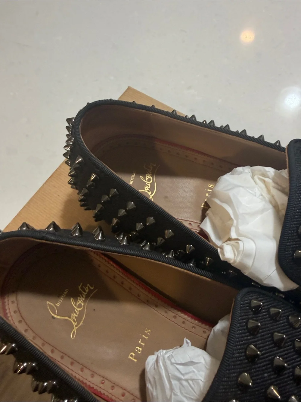 Christian Louboutin Black Spiked Slip-On Loafers, triple studded
